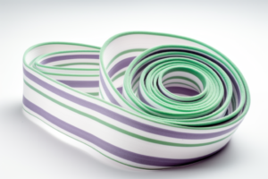 white and green yoga bands with purple stripes. elastic webbing