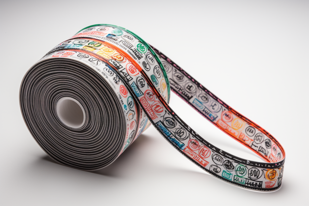repeating printed logo pattern. webbing rolls