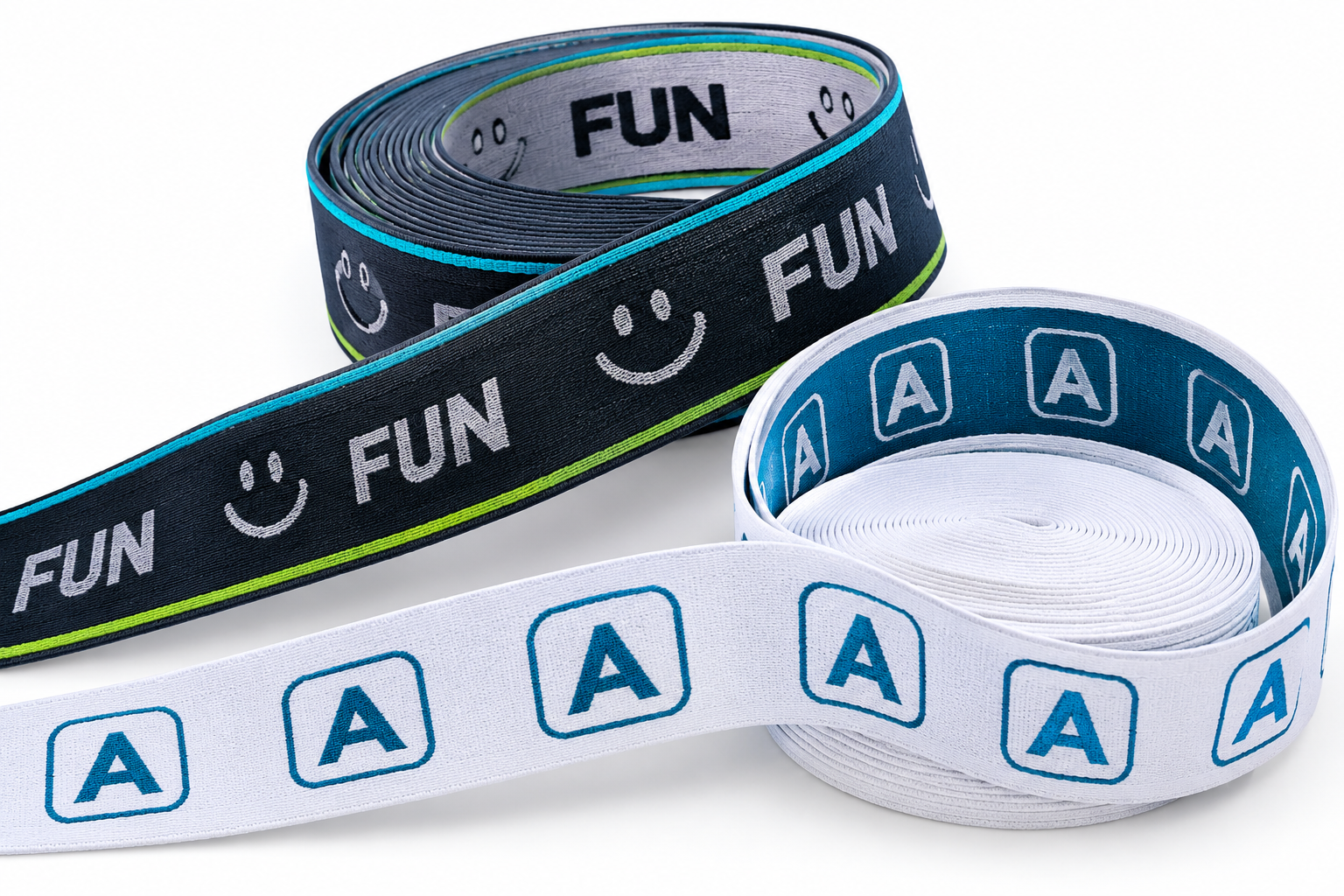 Custom jacquard elastic waistband webbing with woven A logos and FUN lettering.
