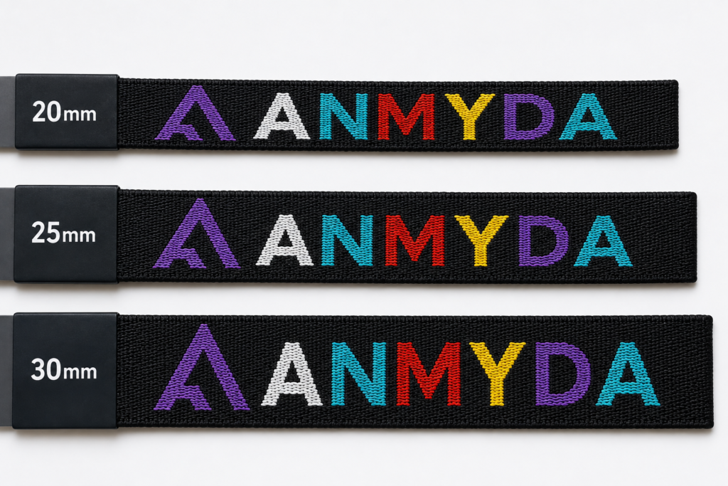 Same multicolor jacquard logo woven on 20 mm, 25 mm, and 30 mm sports bra straps