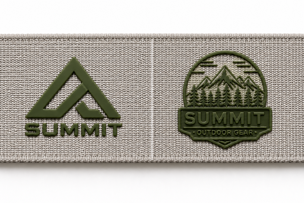 Simple and complex silicone logo designs compared on woven webbing