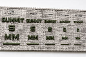 Silicone lettering and line details shown at progressively smaller sizes on webbing