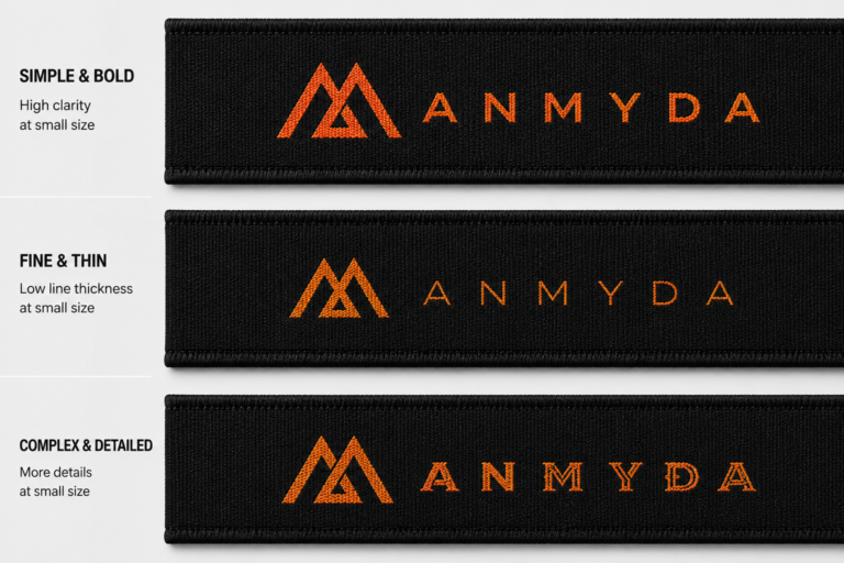 Small orange woven logos with different line and detail levels on sports bra straps