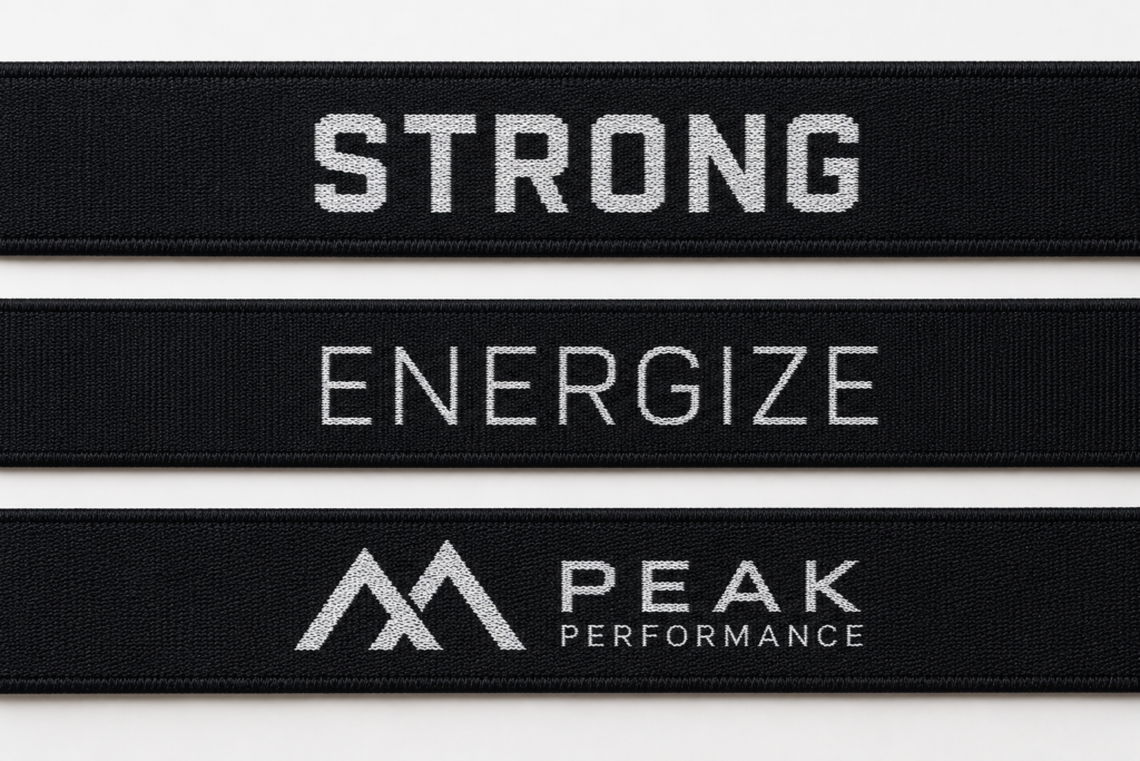 Small woven logos with different detail complexity on black sports bra straps