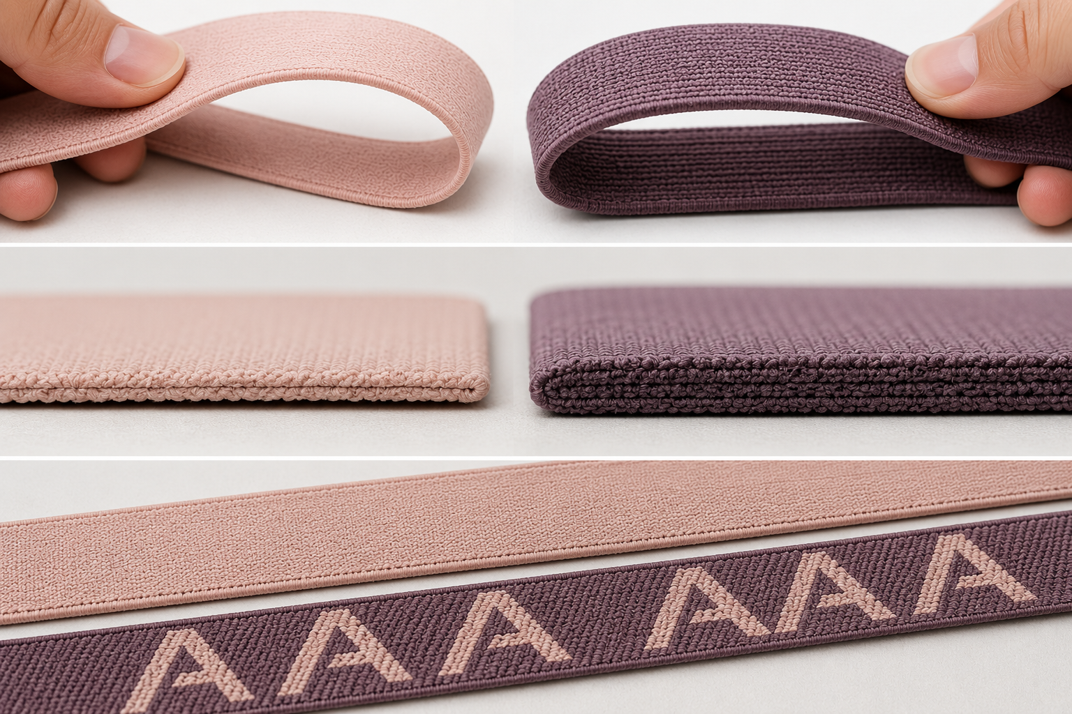 Sports bra elastic straps showing different constructions, thicknesses, and woven logo designs