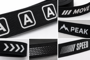 Custom screen printed webbing with white logos, lettering, geometric shapes, and graphic