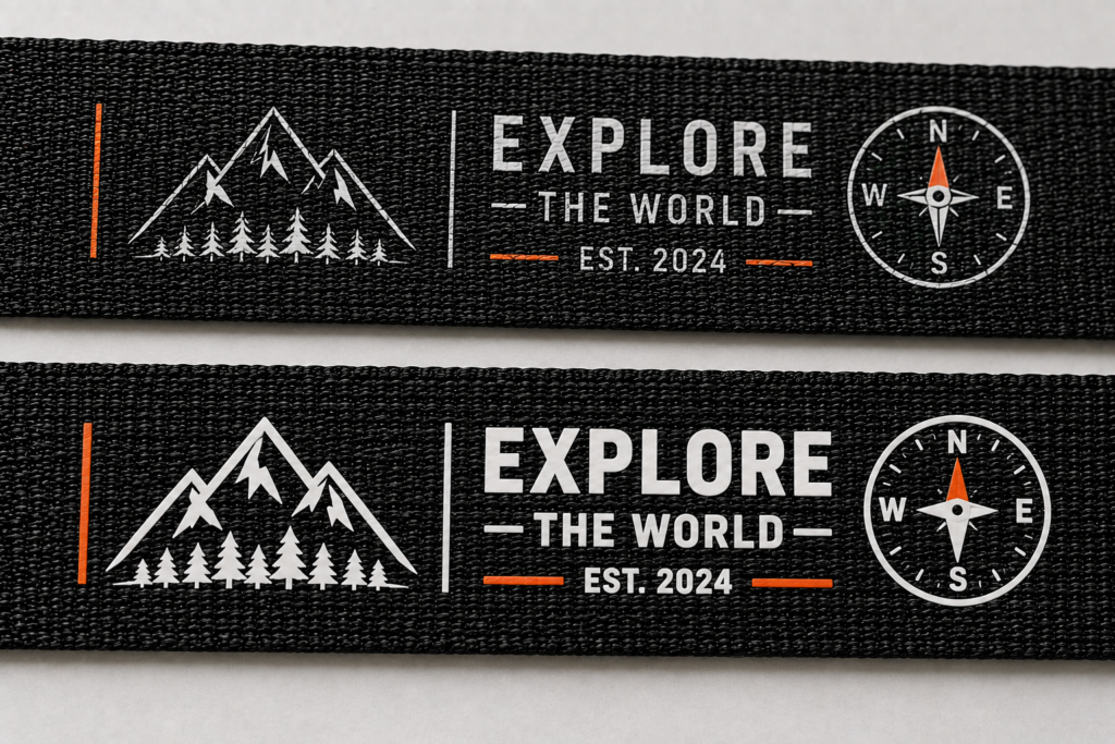 Fine and bold screen printed artwork compared on black woven webbing.