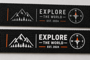 Fine and bold screen printed artwork compared on black woven webbing.