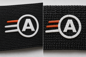 Silicone logo intact on smooth webbing and cracked on rough textured webbing.