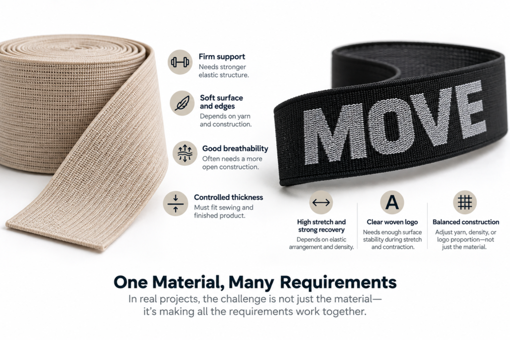 Elastic webbing balancing support, comfort, breathability and branding requirements