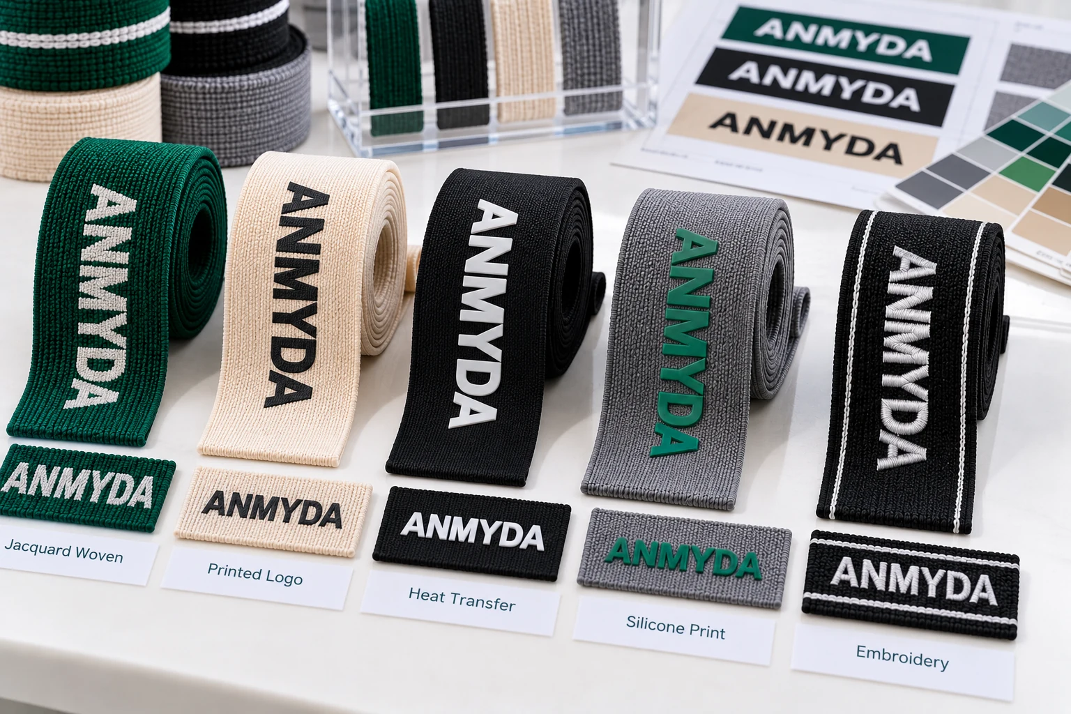 Different logo branding methods applied to custom webbing samples