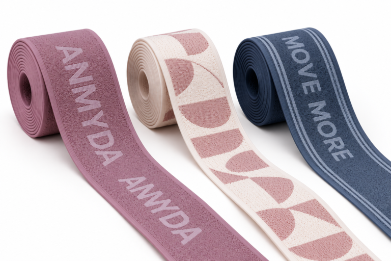 Jacquard sports bra strap webbing rolls with woven logos and custom patterns