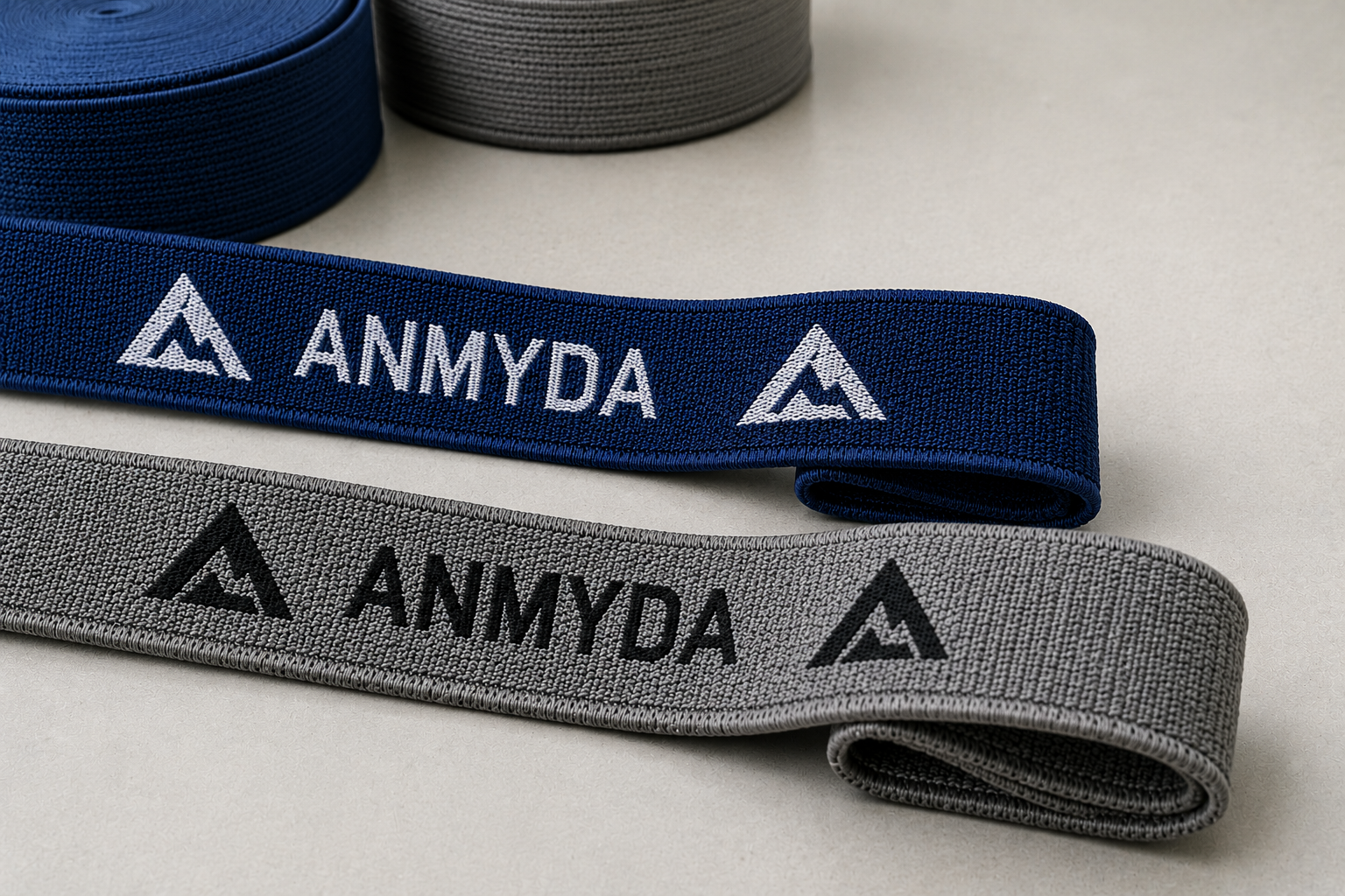 Thin and thick elastic headlamp strap webbing samples with different woven constructions