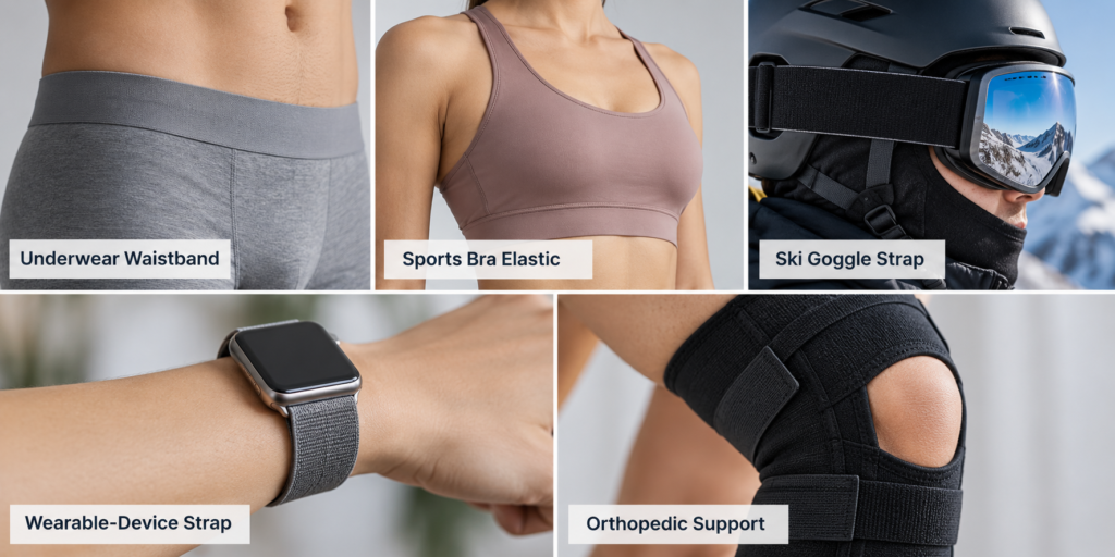 Elastic webbing applications in underwear, sports bras, ski goggles, wearable devices, and orthopedic supports