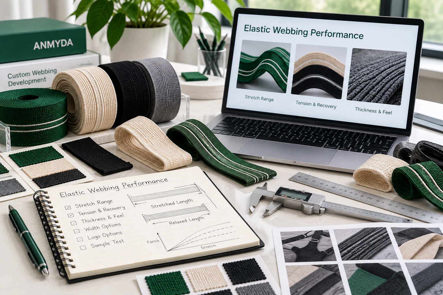Elastic webbing samples evaluated for stretch, tension, recovery, and thickness