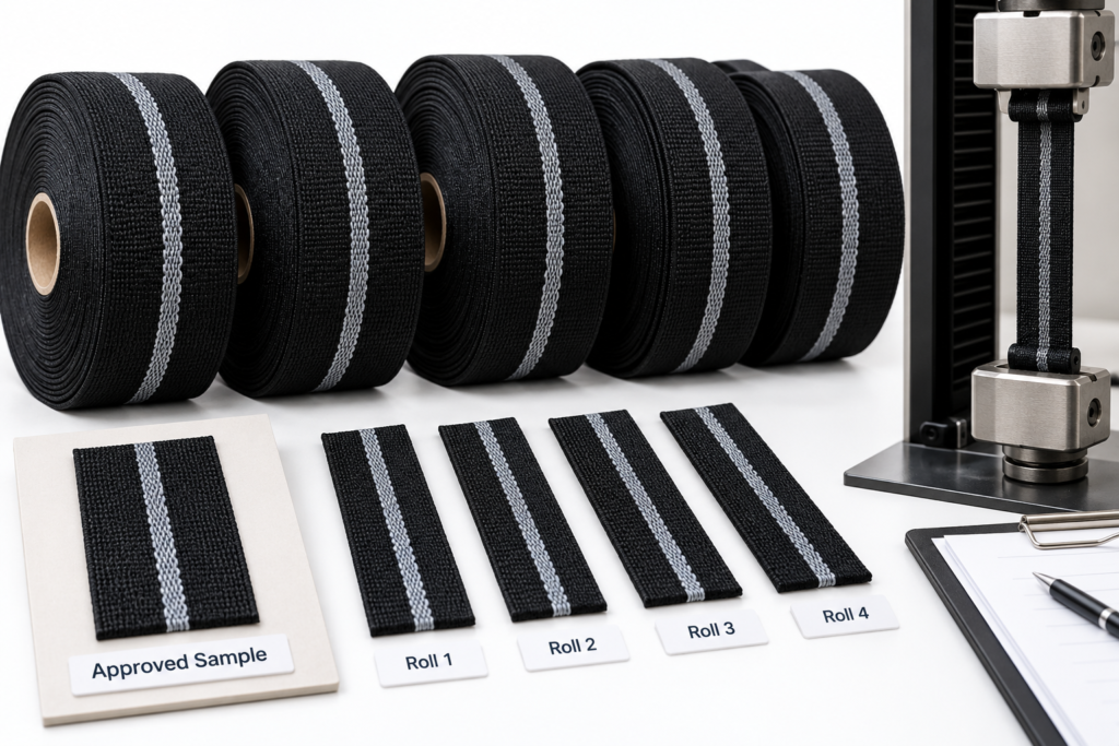 Approved elastic webbing sample compared with samples from multiple bulk production rolls