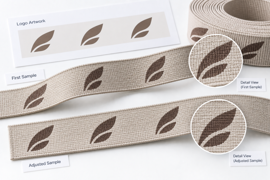 Logo artwork compared with first and adjusted jacquard webbing samples to evaluate woven logo clarity and the required sample change.