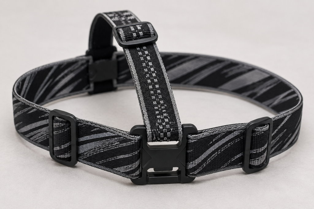 Headlamp top and side straps using different width elastic webbing
