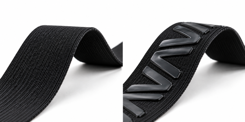Plain elastic webbing compared with the same webbing after raised silicone branding is added