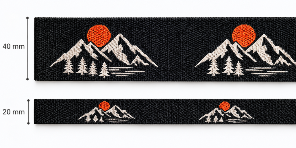 40 mm and 20 mm jacquard webbing showing how logo detail changes with webbing width