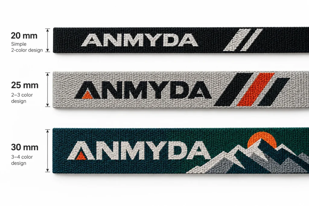 20 mm, 25 mm and 30 mm jacquard webbing showing different logo color and design complexity