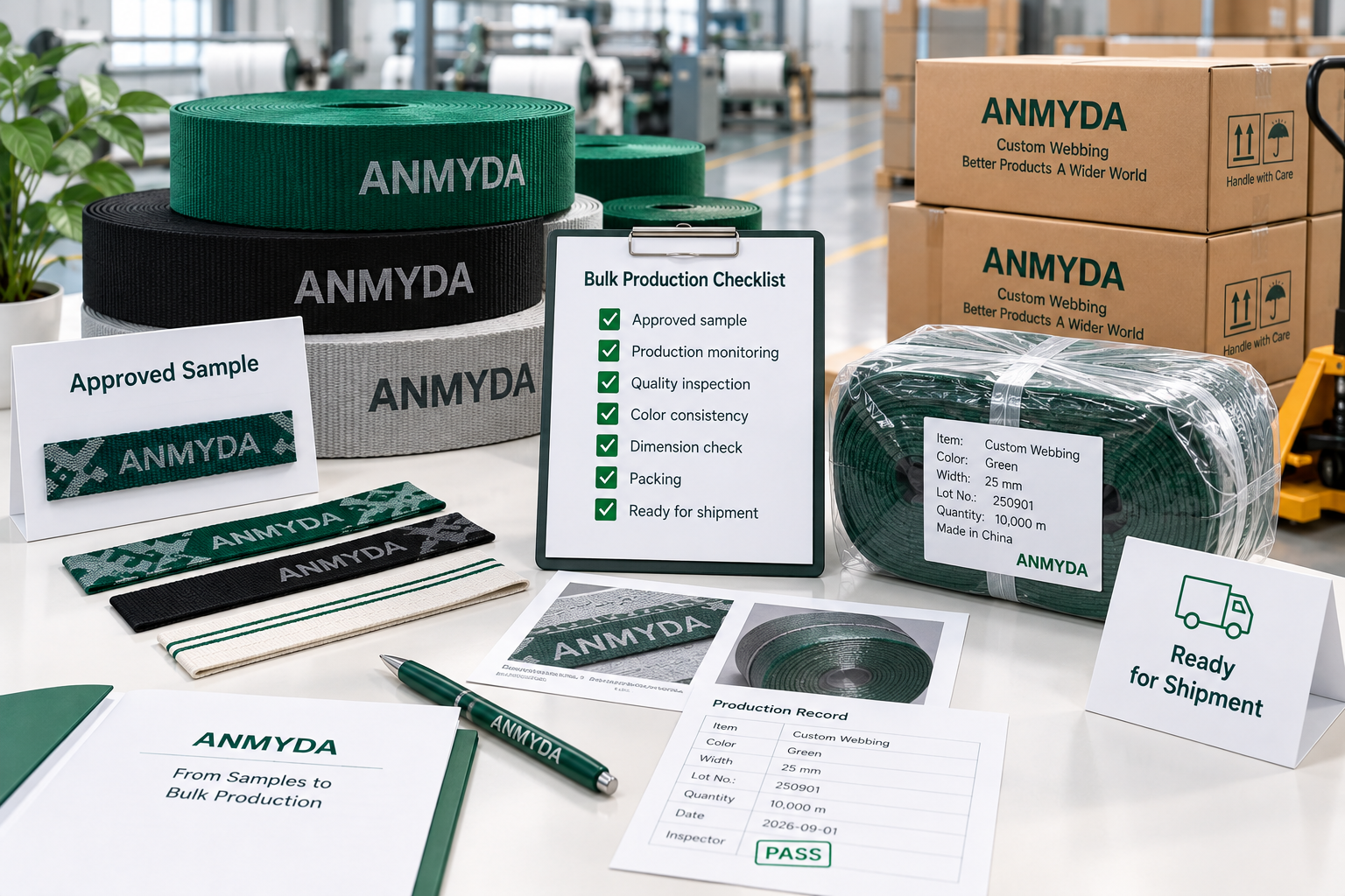 Custom webbing moving from approved sample through bulk production and inspection