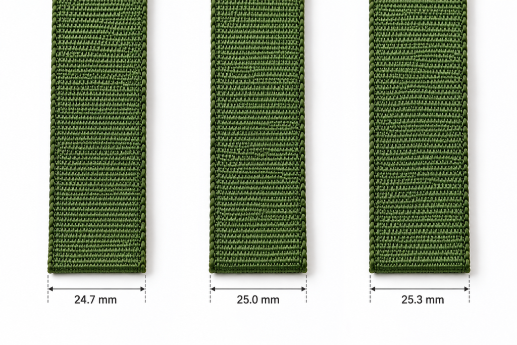 25 mm webbing samples showing slight variations in actual finished width