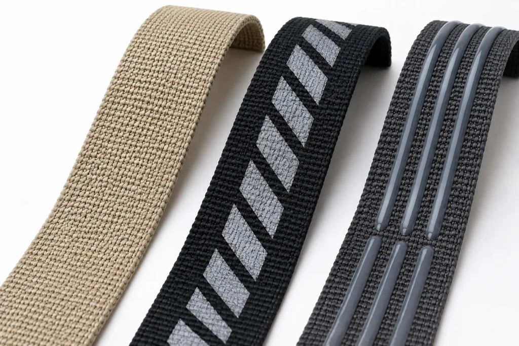 Base webbing compared with screen printed and anti-slip silicone treated webbing