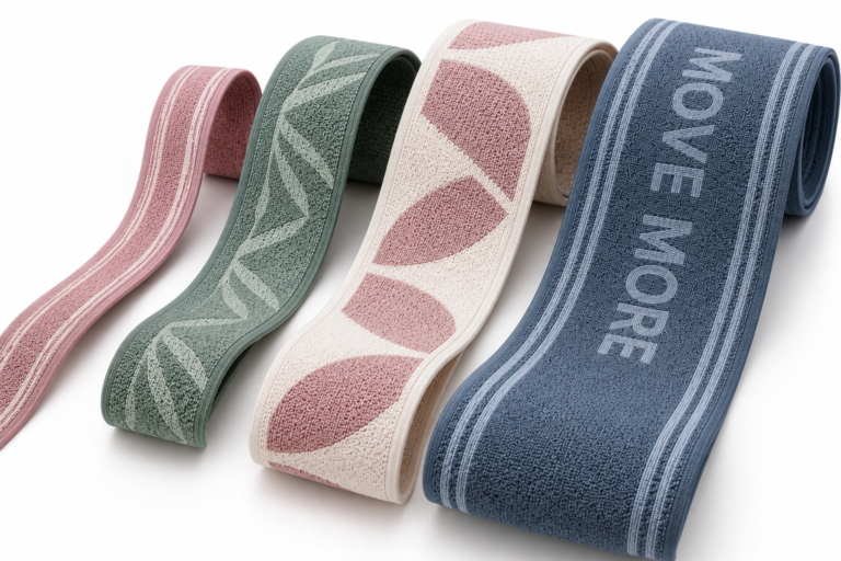 Custom sports bra strap webbing in different widths with jacquard woven patterns and logos