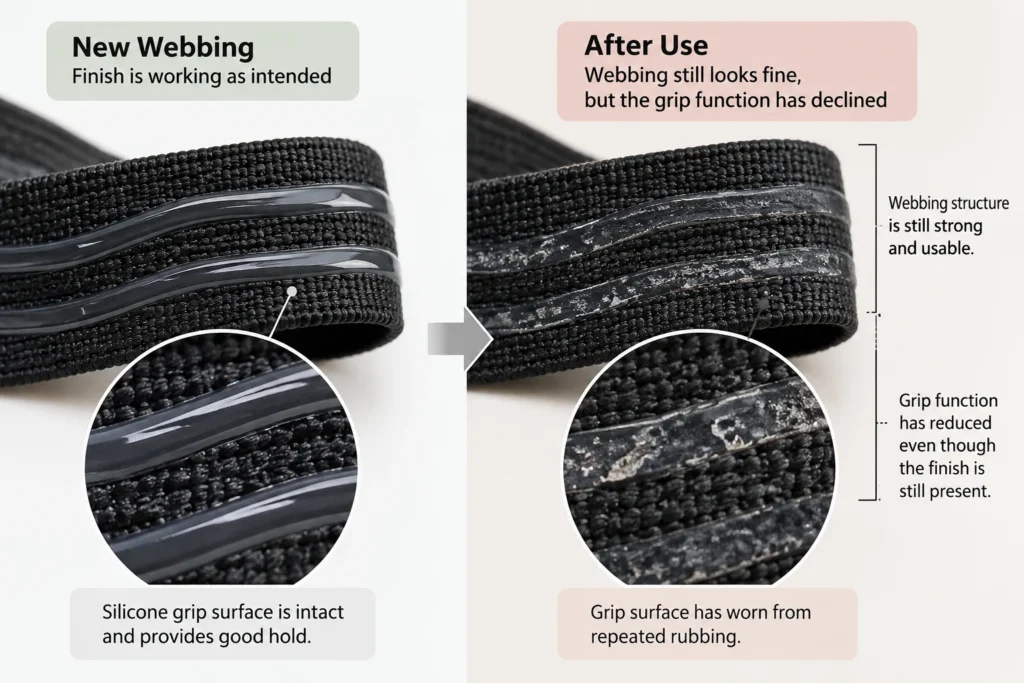 Silicone grip losing function while the webbing remains structurally usable