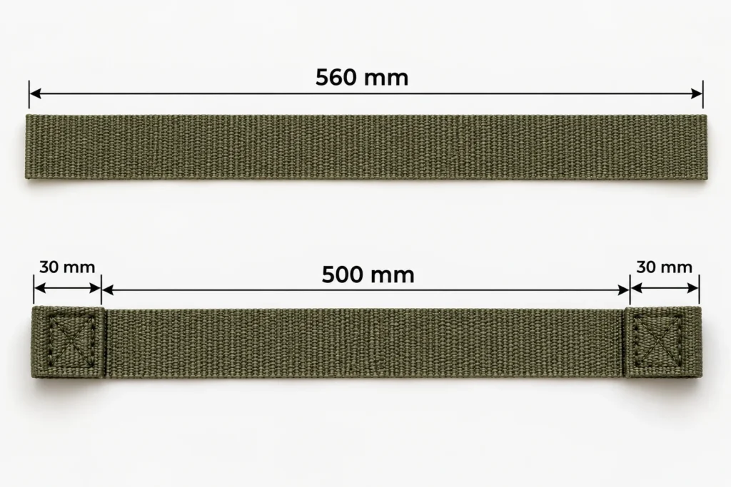560 mm webbing cut length with 30 mm end folds creating a 500 mm finished strap