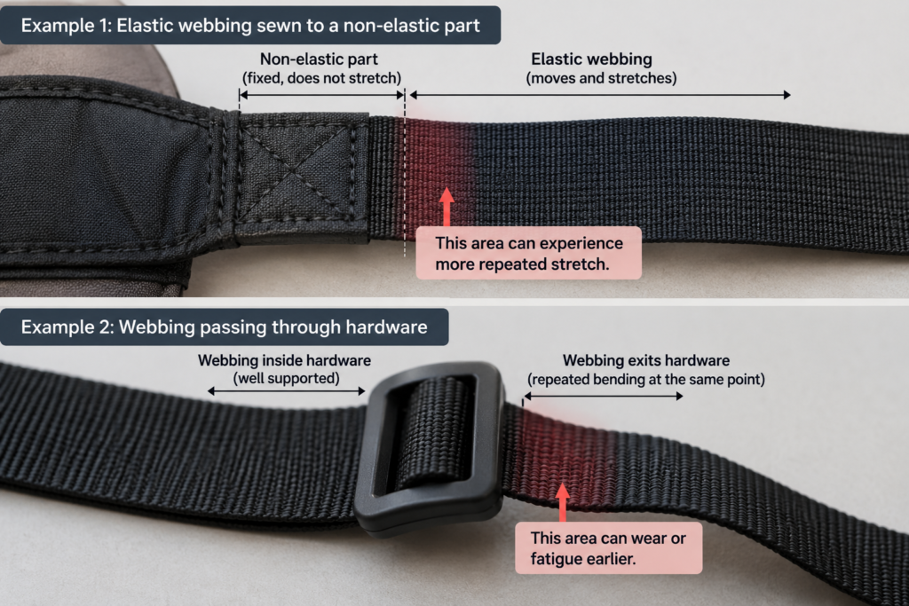 Elastic and non-elastic webbing showing durability stress beside fixed connections and hardware