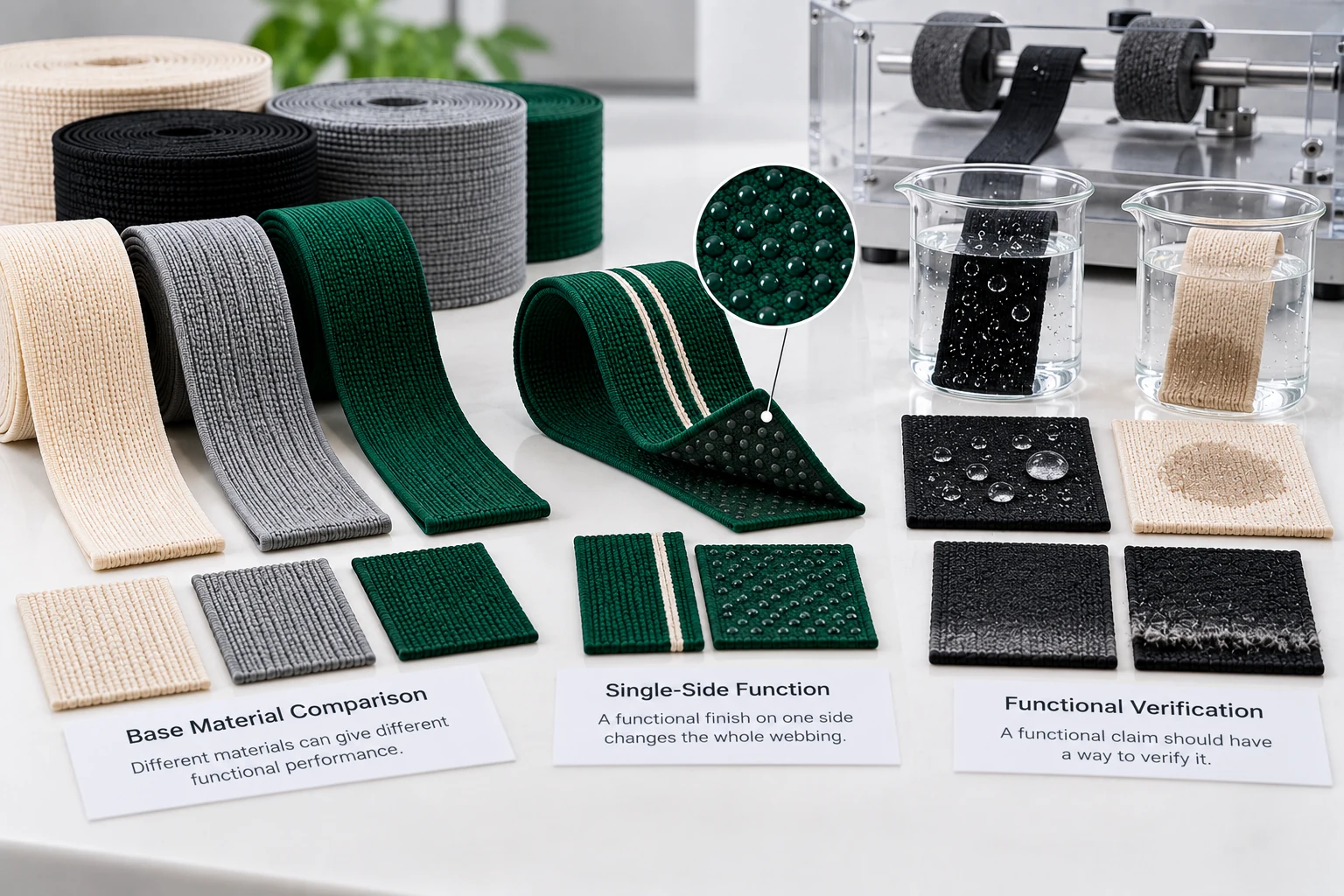 Webbing materials, single-side silicone treatment, and functional performance verification