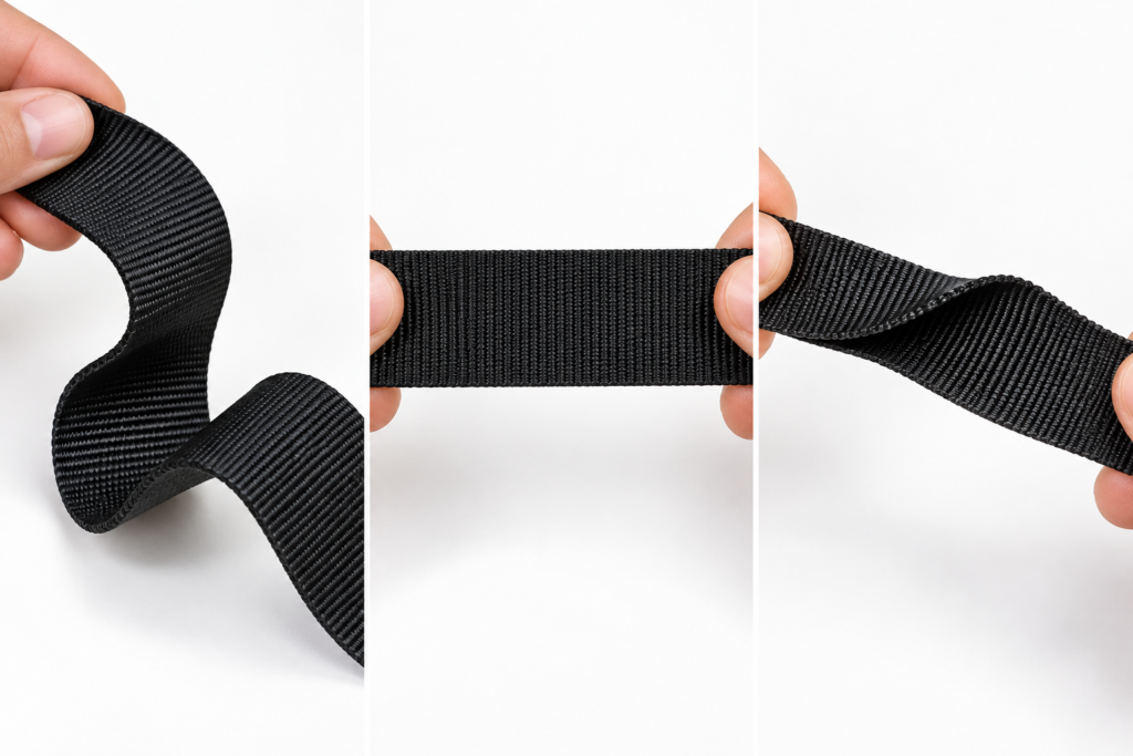 Black webbing showing flexible, stable, and twisted shapes under different tension conditions