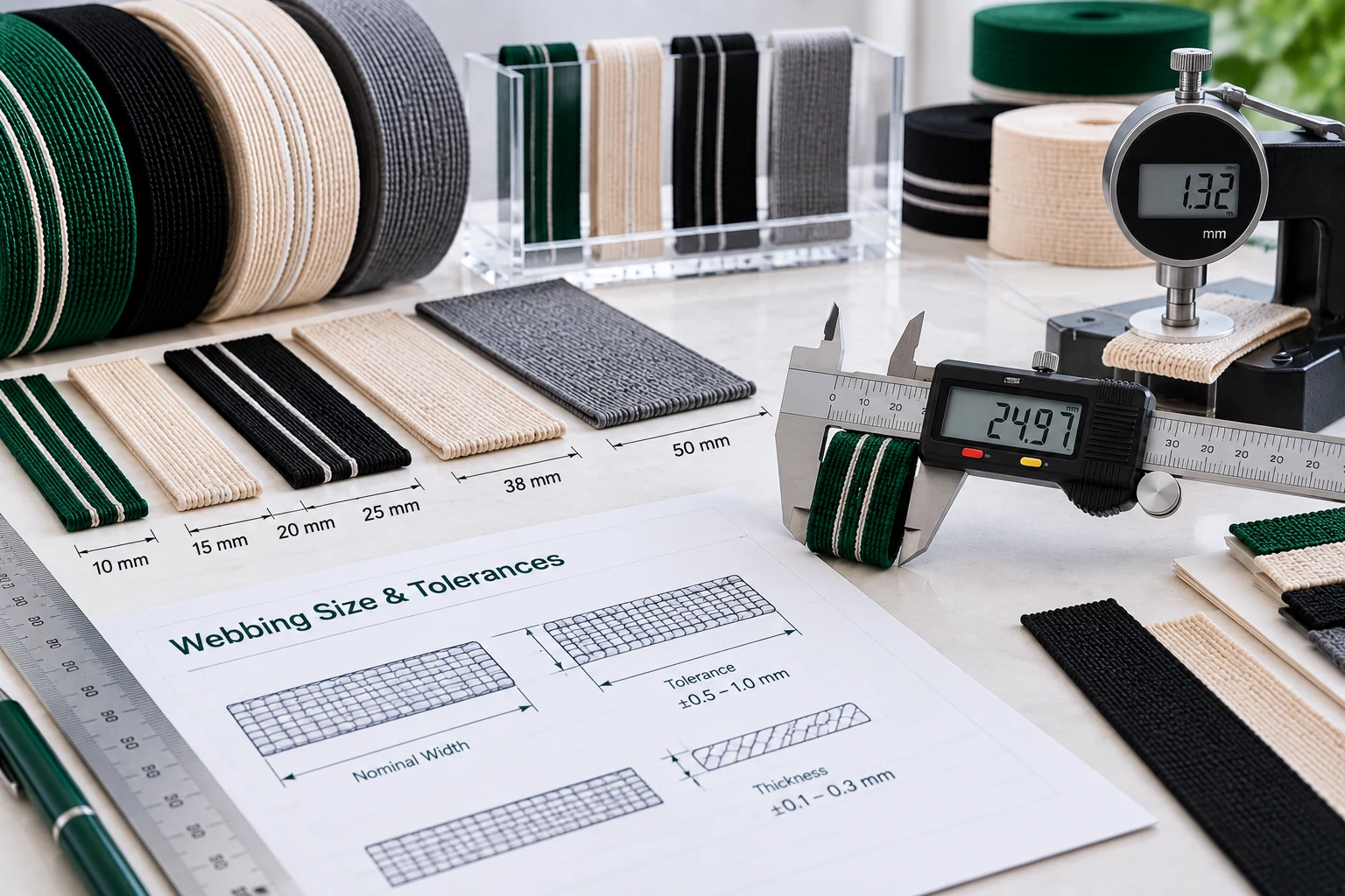 Webbing width and thickness measured with precision tools for size tolerance control