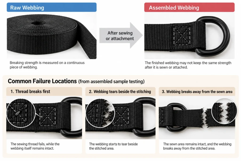 Webbing strength after assembly showing three common failure locations in a sewn strap