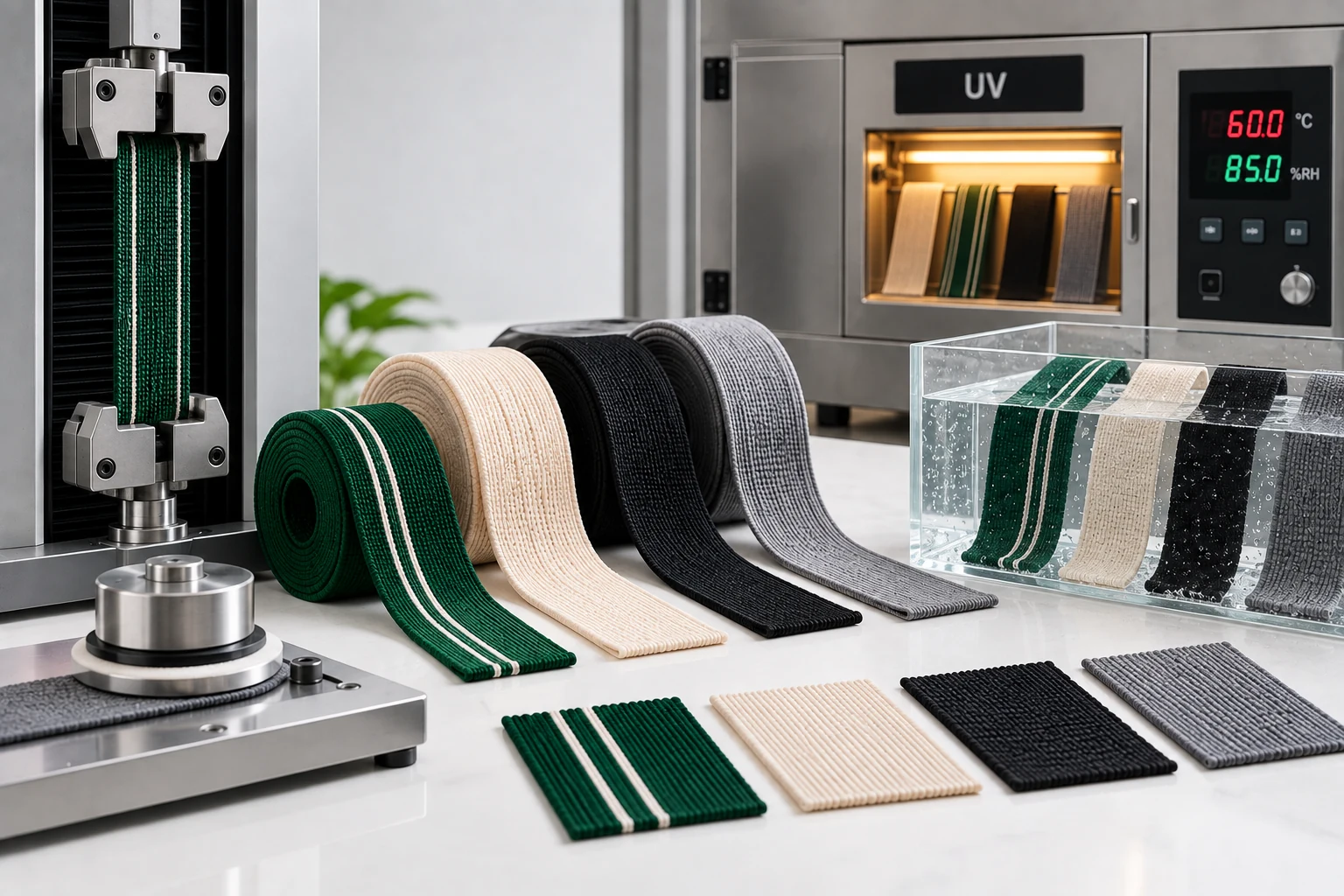 Webbing samples evaluated for strength, wear, UV exposure, and water resistance