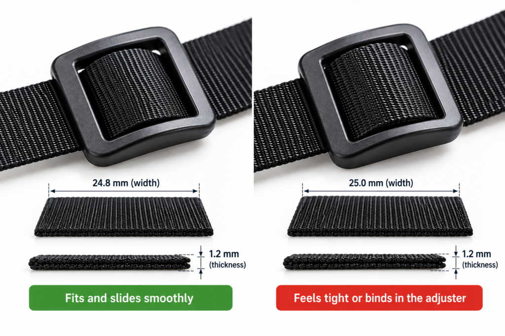 24.8 mm and 25.0 mm webbing showing different fit in the same adjuster