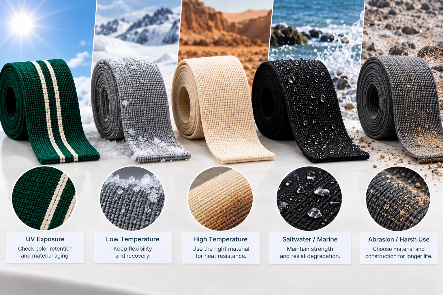 Webbing materials evaluated for UV, low temperature, heat, saltwater, and abrasive environments