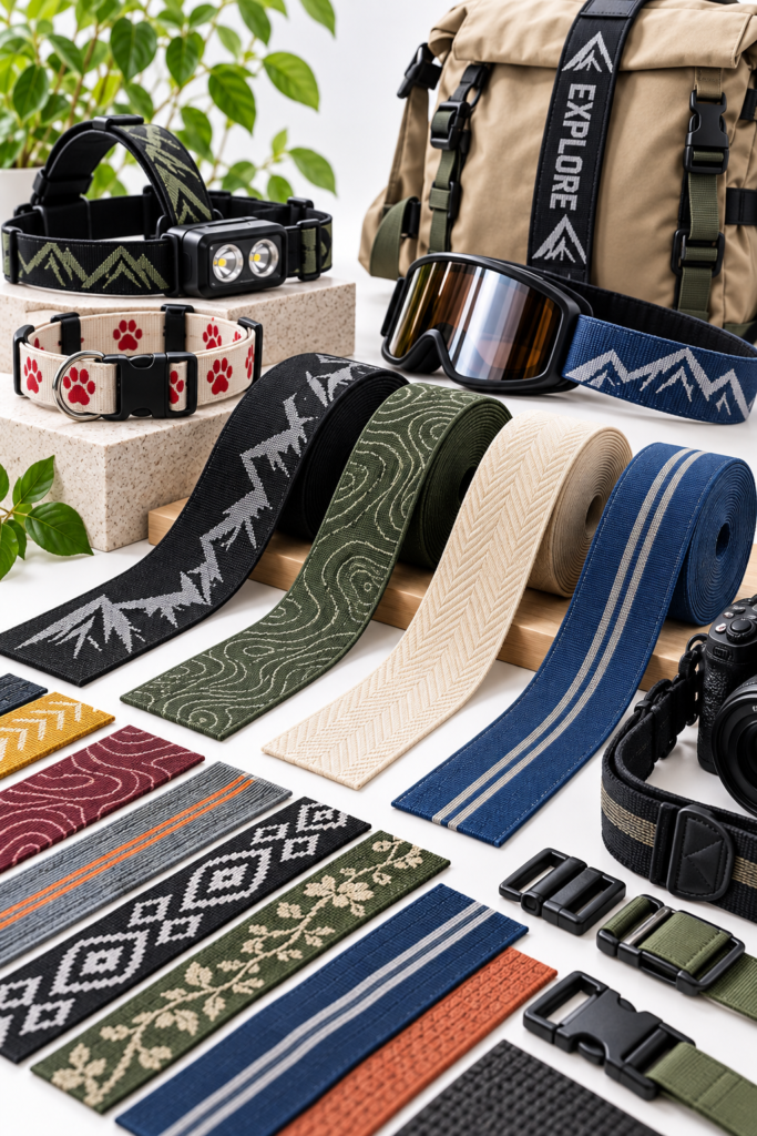 Custom jacquard webbing rolls in different colours and woven patterns, displayed with a backpack, headlamp strap, ski goggles, printed dog collar and camera strap.