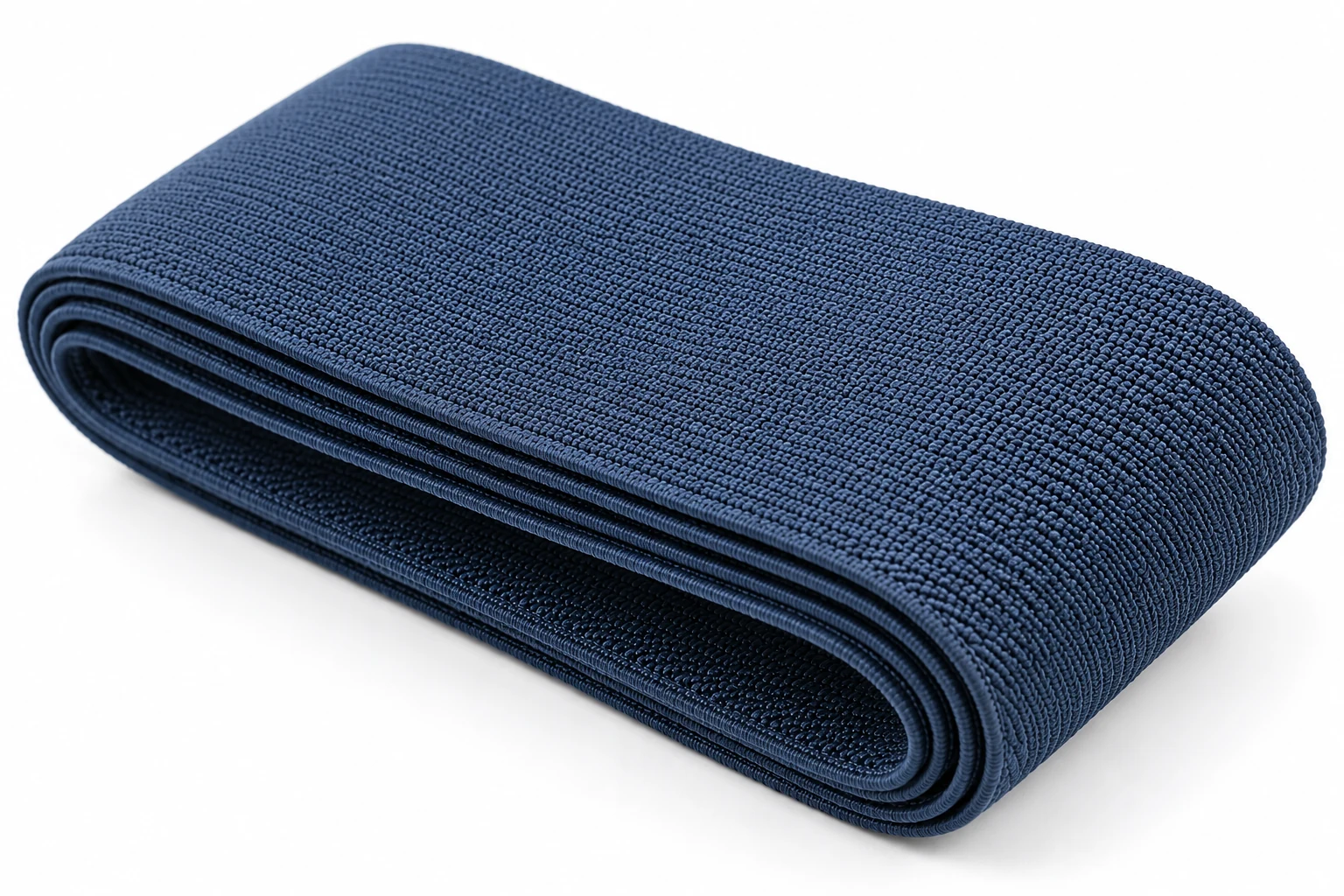Dark blue elastic nylon webbing folded into neat layers on a white background, showing a fine woven surface.