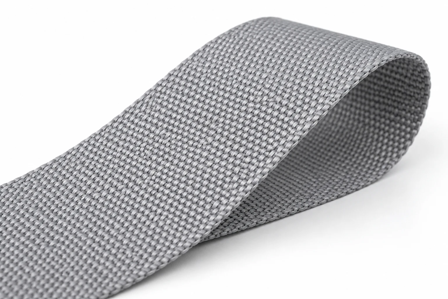 Silver-gray non-elastic nylon webbing with a fine, closely woven plain weave surface.