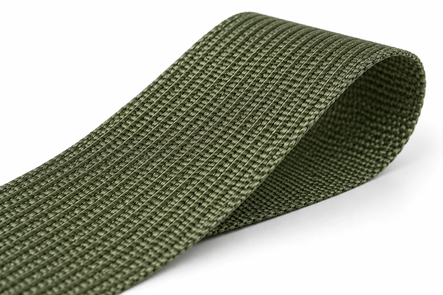 Olive-green non-elastic nylon webbing with a textured woven surface and subtle lengthwise pattern.