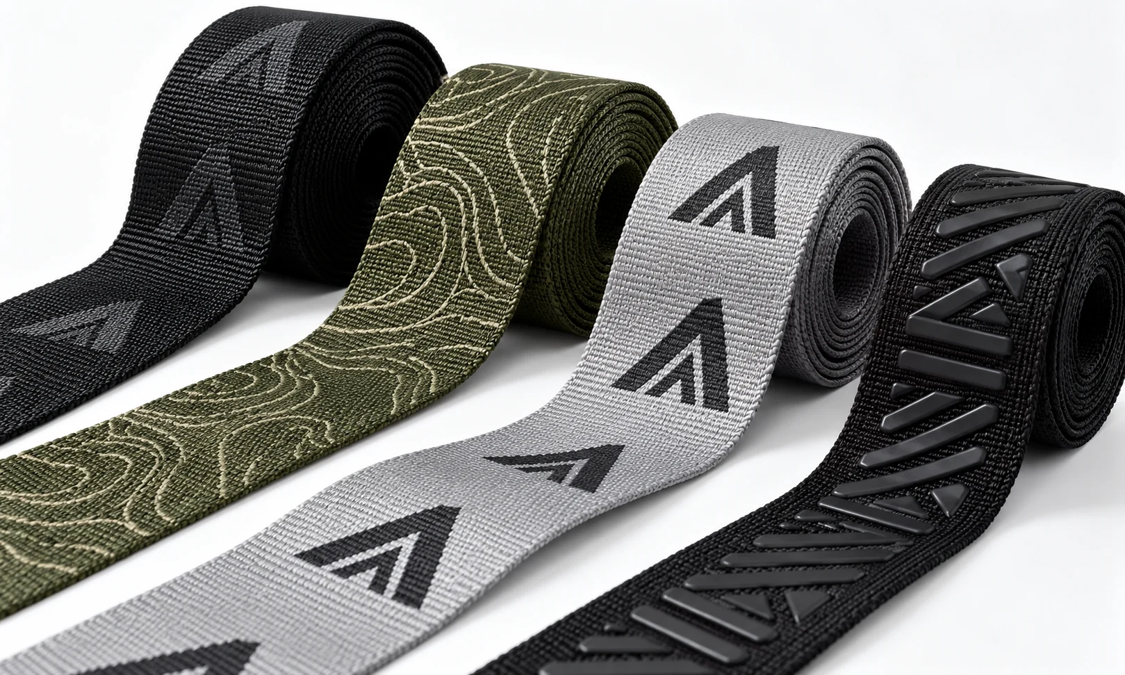 Custom nylon webbing with jacquard woven patterns, printed logos and raised silicone branding