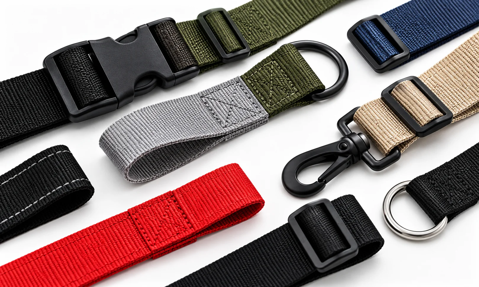 Custom nylon webbing strap components with sewn loops, buckles, adjusters and metal rings