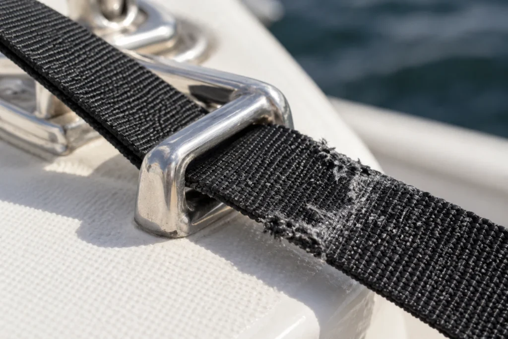 Abraded black marine webbing at a stainless steel hardware contact point