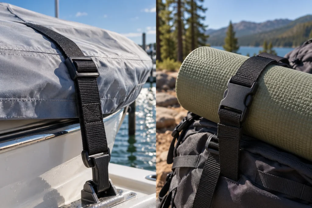 UV and abrasion resistant webbing used on a boat cover and camping equipment with different outdoor exposure