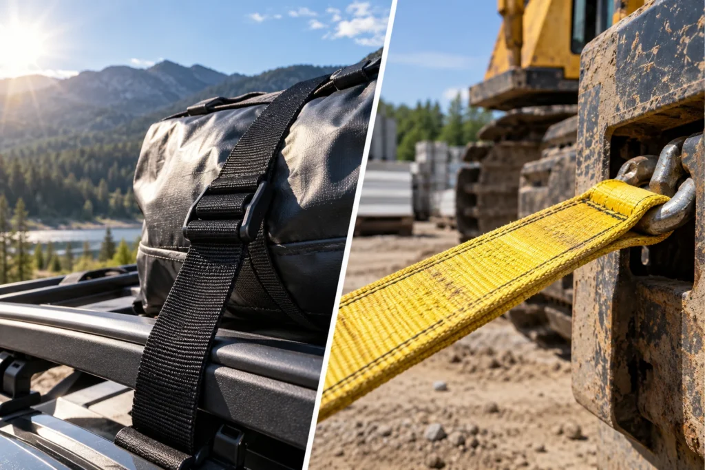 UV-resistant outdoor webbing and abrasion-resistant industrial strap in different exposure conditions