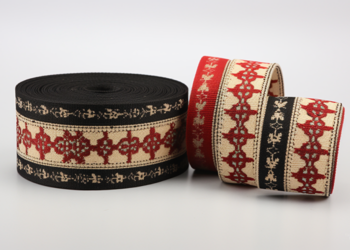 1.5 inch jacquard webbing. black. red. yellow