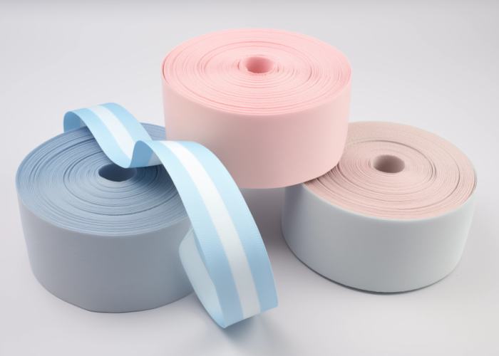 3 rolls of light pink and sky blue soft elastic webbings
